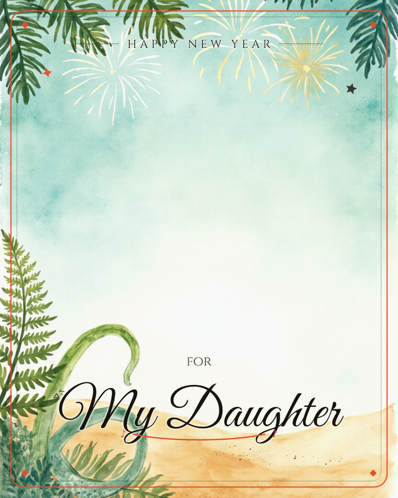 A watercolour sky fades from teal to soft white above a sandy shoreline, with delicate fireworks bursting silently in gold and white, a new year e-card design