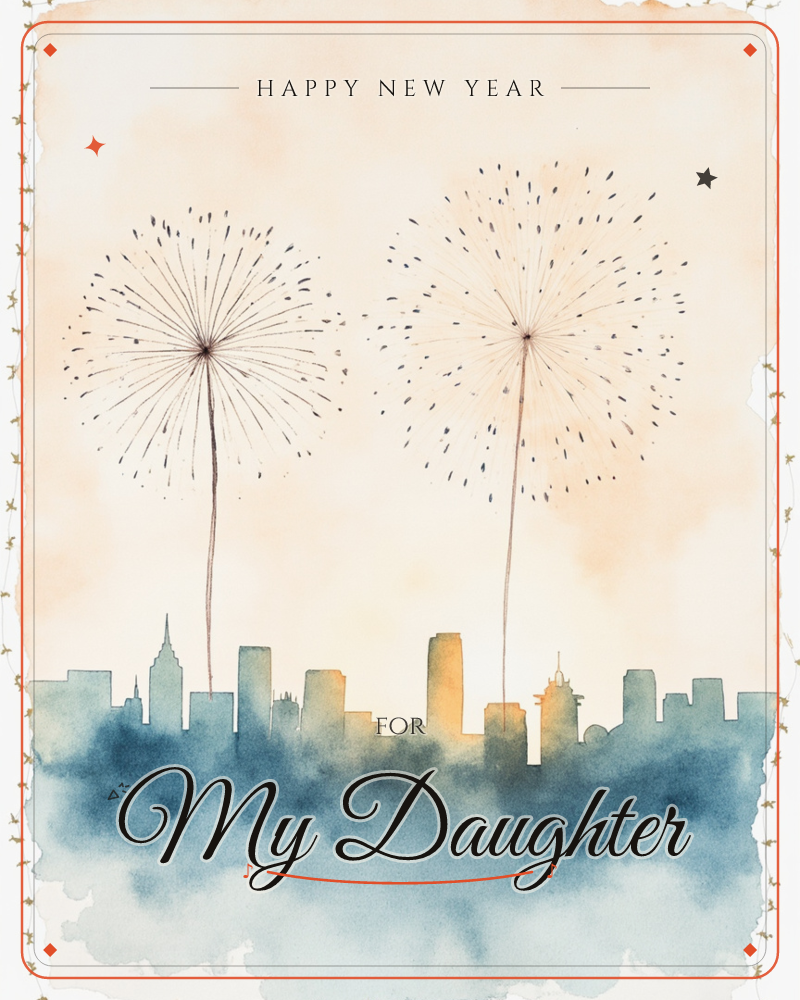Two firework bursts hang like inked dandelion puffs above a hazy blue city skyline, their trails sketched thin against a warm peach-and-cream sky, a new year e-card design