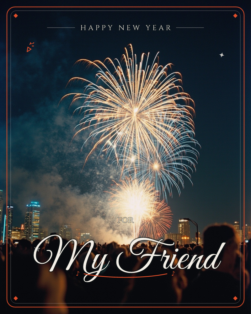 A photographic night scene shows fireworks bursting gold and white over a city skyline, smoke drifting across the dark sky, a new year e-card design