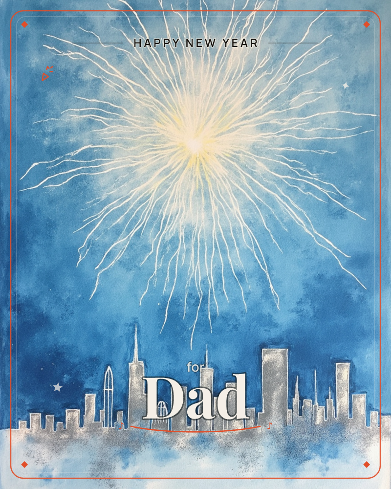 A burst of white fireworks radiates like a starburst over a silver city skyline, its thin sparking trails spreading across a deep blue night sky, a new year e-card design