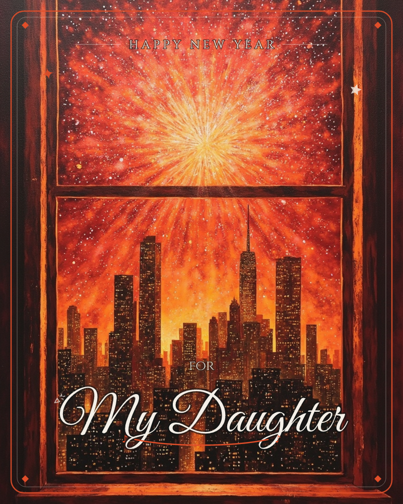 A wooden window frame opens onto a city skyline silhouetted in black, its windows dotted with warm light against a blazing burst of orange and gold…, a new year e-card design