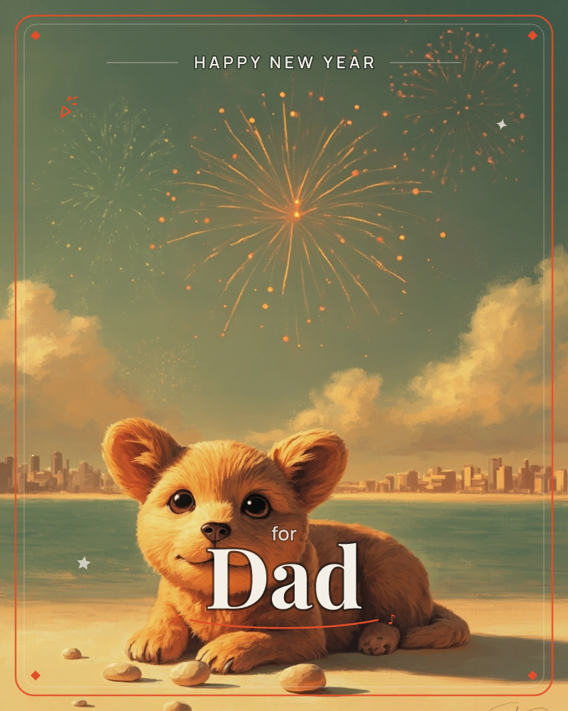 A golden-furred puppy lies contentedly on a sandy beach as fireworks burst in a warm, hazy sky above a distant city skyline, a new year e-card design
