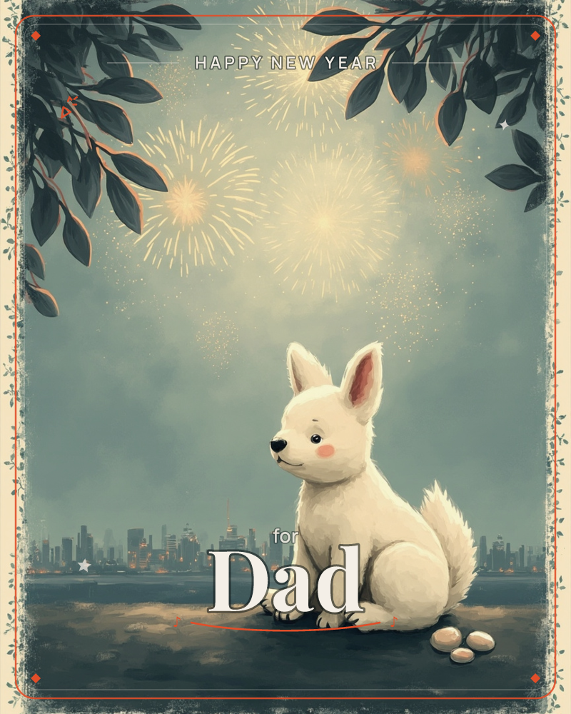A small white puppy with rosy cheeks sits alone on a dark rooftop, watching golden fireworks bloom over a distant city skyline, a new year e-card design