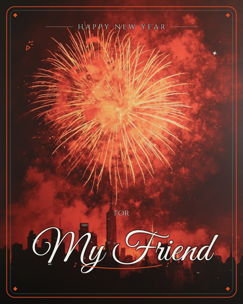 A massive firework bursts gold and white over a city skyline silhouetted in black, its smoky bloom staining the whole night sky a deep fiery red, a new year e-card design