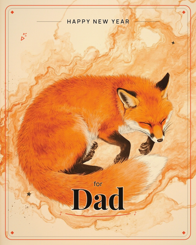A red fox curls into a tight sleeping circle, nose tucked near its white-tipped tail, eyes closed in quiet rest, a new year e-card design
