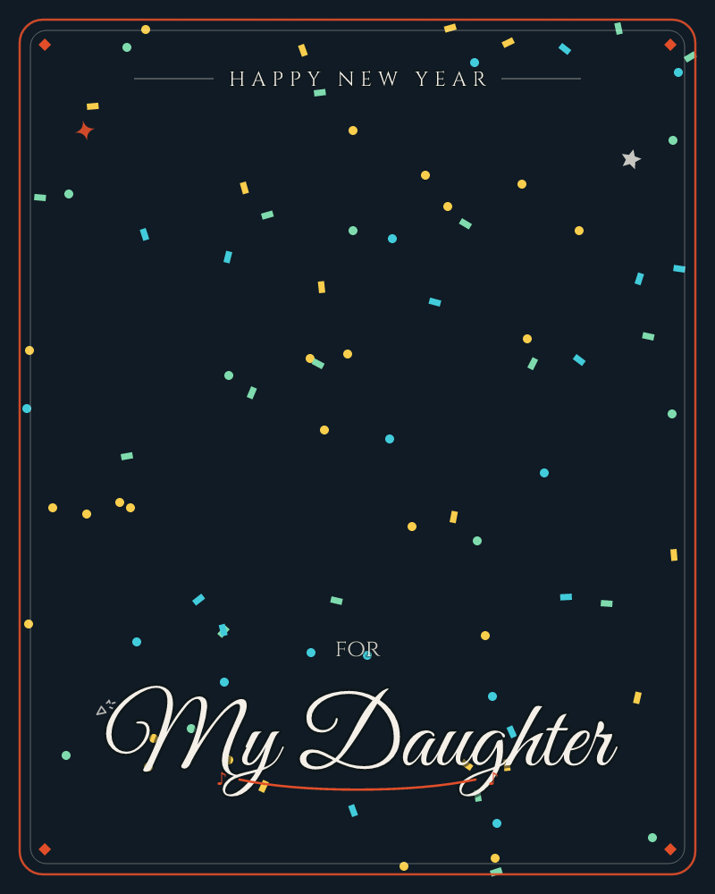 A deep navy background is scattered with confetti in gold, teal and sky blue, some pieces round like dots and others small rectangular flecks, a new year e-card design by @DittyCityTeam