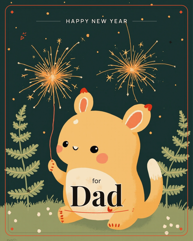 A round, wide-eyed golden creature sits in a grassy patch at night, holding up a sparkler that bursts into a shower of gold light against the dark…, a new year e-card design