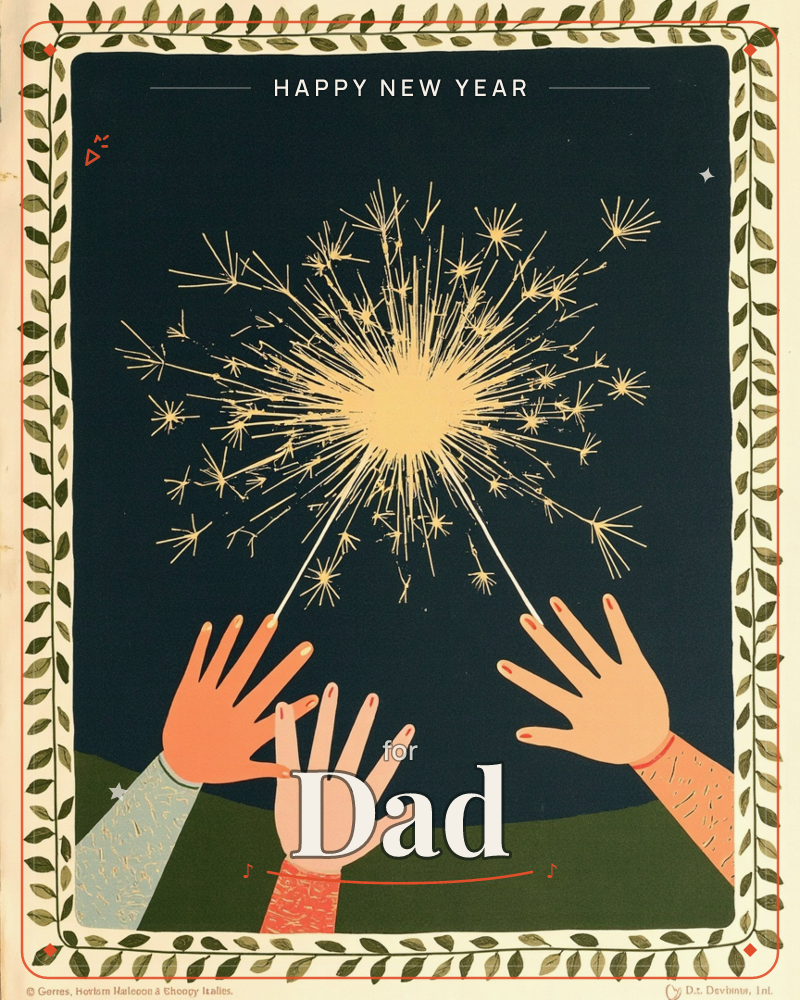 Three raised hands hold sparklers together against a deep midnight-blue sky, their gold sparks bursting into one big starburst above a dark hill, a new year e-card design