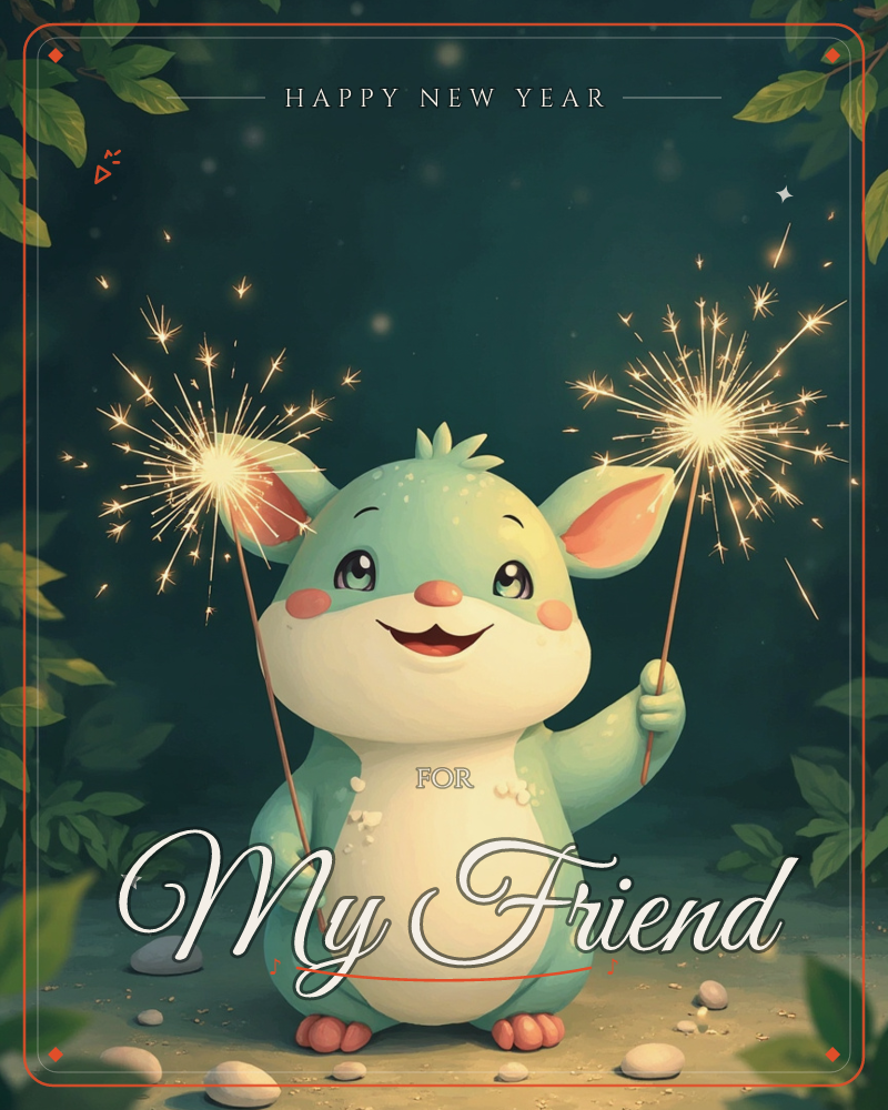 A round-eared mint-green creature stands in a shadowy forest clearing, grinning as it holds up two crackling sparklers that throw golden light across…, a new year e-card design