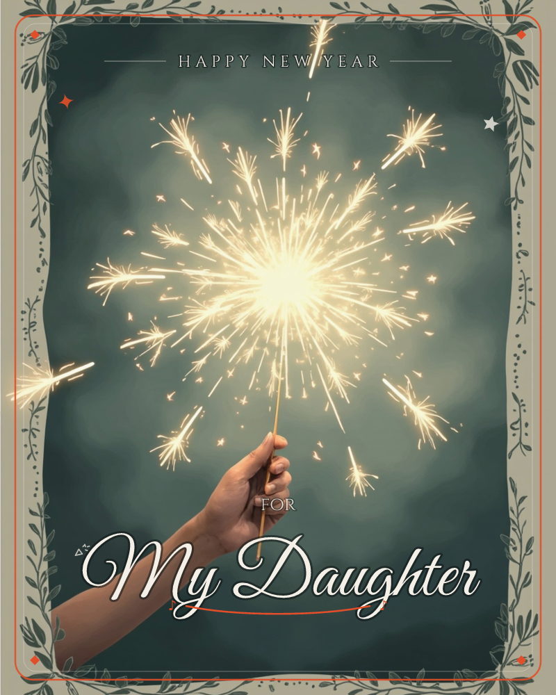 A hand reaches up from the bottom corner holding a sparkler that bursts into a brilliant golden starburst against a deep teal, smoky sky, a new year e-card design