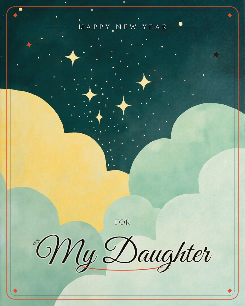 A dark teal night sky is scattered with tiny dots and a handful of four-pointed sparkle stars, sitting above a rolling bank of clouds in soft sage…, a new year e-card design