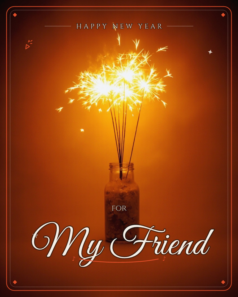 A cluster of sparklers burns bright inside a small glass jar, their sparks bursting outward like a firework caught mid-glow, a new year e-card design