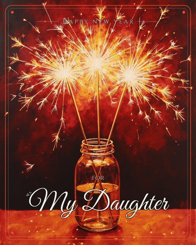 Three sparklers burn bright inside a glass mason jar, their showers of gold light bursting against a deep, moody red-black background, a new year e-card design