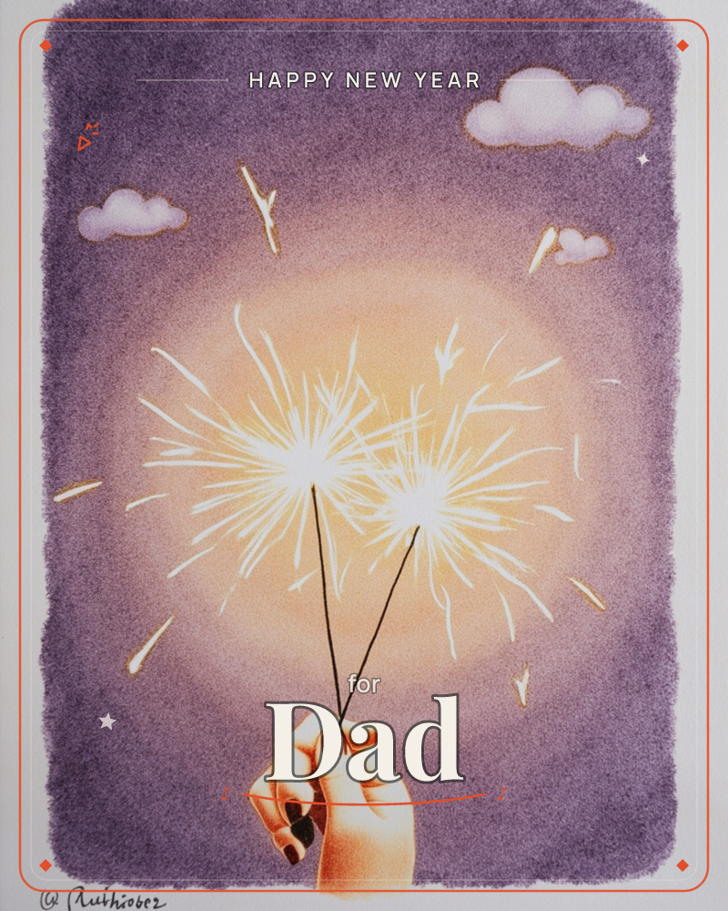 A hand with dark painted nails holds two sparklers ablaze against a dusky purple sky, their white sparks bursting into a warm golden glow, a new year e-card design