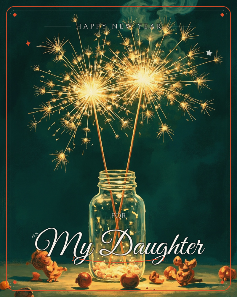 Two sparklers burn brightly from inside a glass jar set on a dark teal background, their golden sparks lighting up curls of smoke drifting upward, a new year e-card design