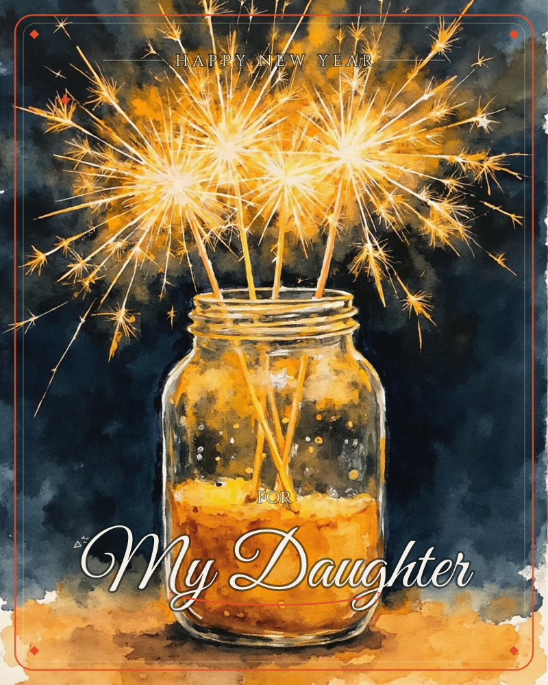 A glass mason jar sits against a deep midnight-blue background, holding a bundle of lit sparklers that burst into golden sparks and trails of light, a new year e-card design