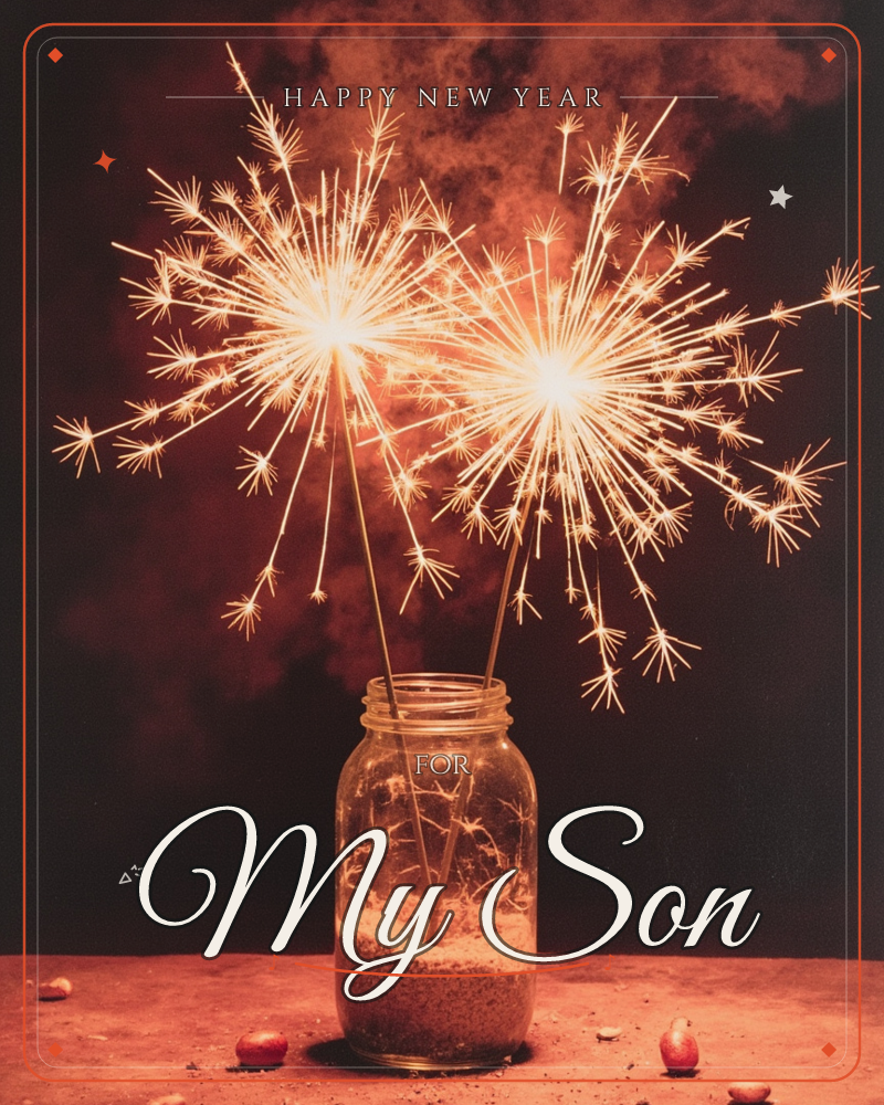 Two lit sparklers burst into golden light from a sand-filled mason jar set on a dark tabletop, a new year e-card design