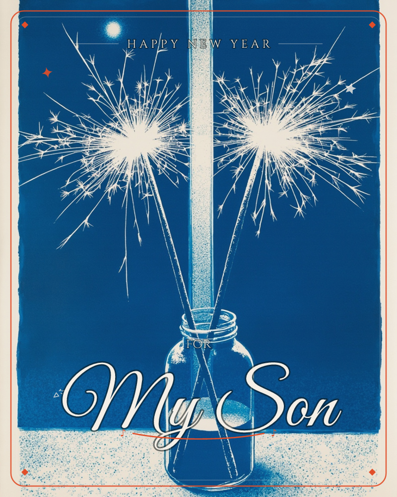 Two crossed sparklers burst into bright white showers of light from inside a glass jar set on a speckled surface, all rendered in deep cyanotype blue…, a new year e-card design