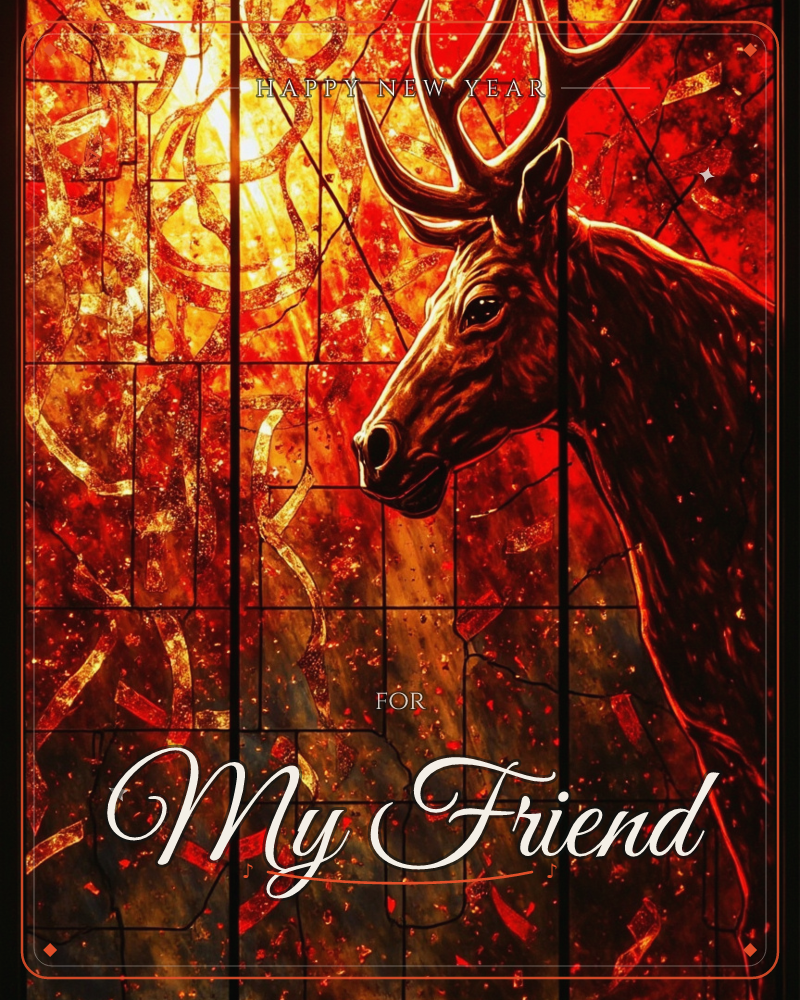A stag with tall branching antlers stands in profile against a blazing stained-glass window, its dark form outlined in gold leading, a new year e-card design