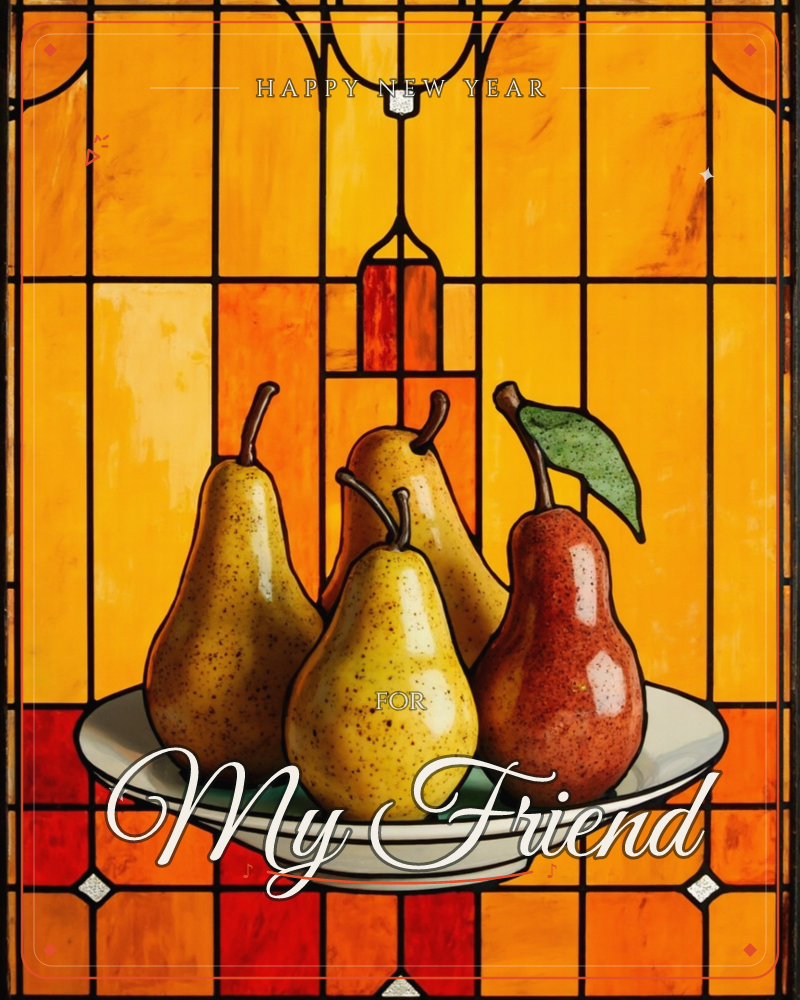 A white bowl holds four pears, three golden-green and one deep red, set against a glowing stained-glass window of amber, orange and red panes divided…, a new year e-card design
