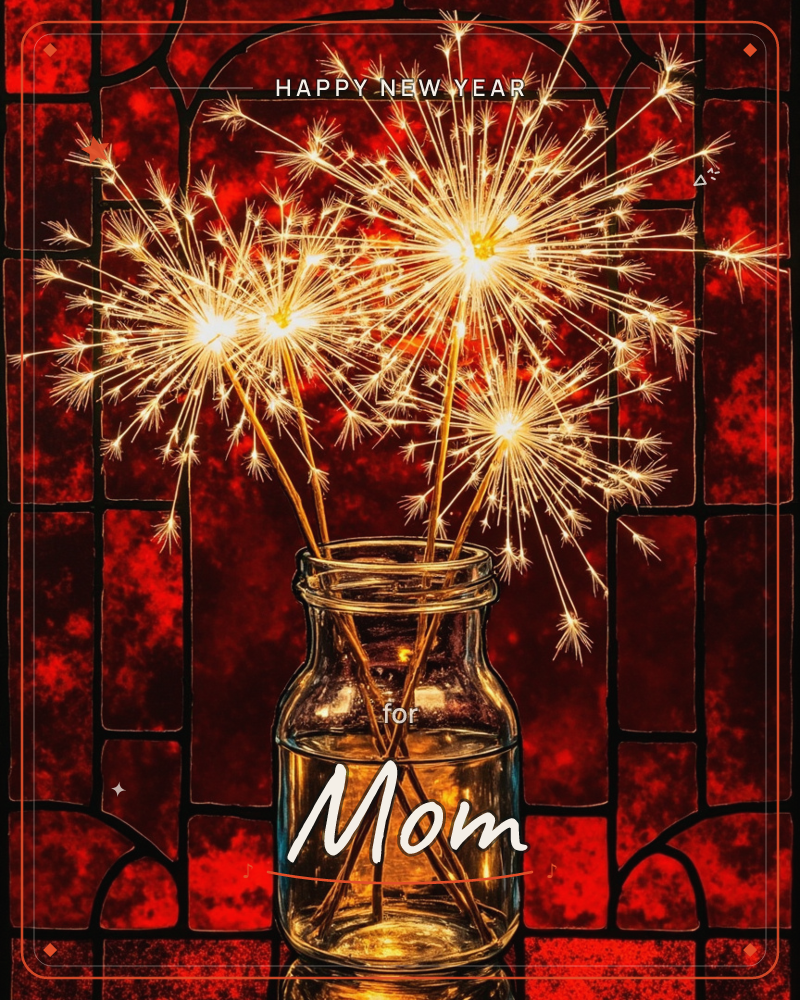 Four lit sparklers burst like a bouquet from a small glass jar, their golden trails glowing against a deep red stained-glass window with black lead lines, a new year e-card design