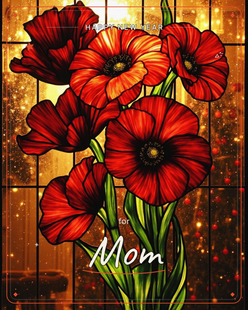 A stained-glass style bouquet of red poppies glows against a warm golden backdrop dappled with glittering light, a new year e-card design