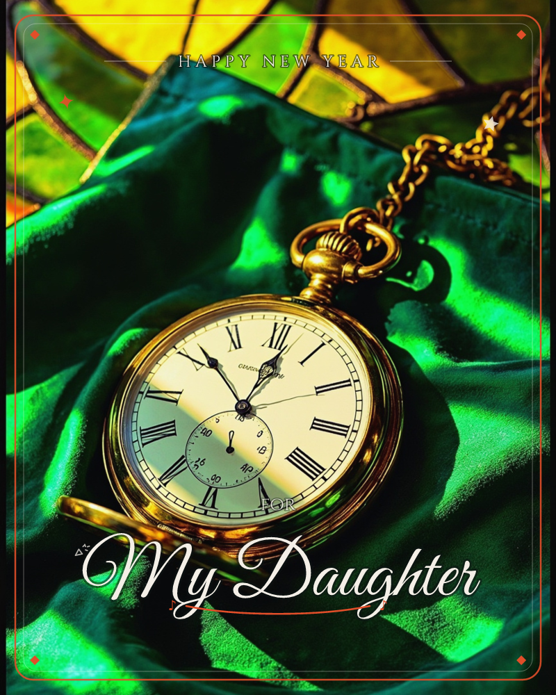 A gold pocket watch with roman numerals lies open on rumpled emerald satin, its chain coiled beside it, while a stained-glass window glows amber and…, a new year e-card design