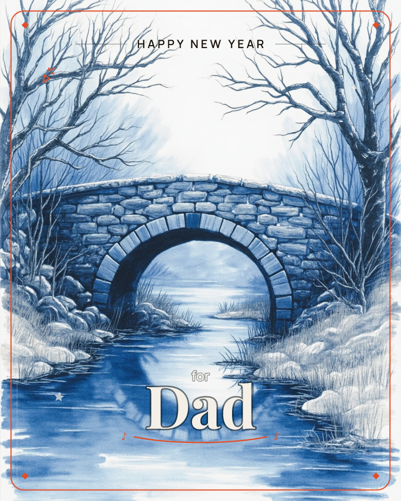An old stone bridge arches over a still river, its rounded form mirrored perfectly in the calm water below, a new year e-card design