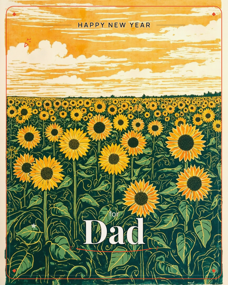 A vast field of sunflowers stretches to the horizon under a glowing orange sky streaked with pale clouds, a new year e-card design