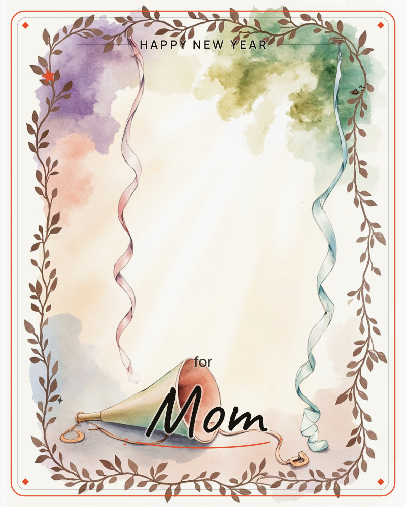 A vintage brass megaphone rests at the bottom of the page, trailing curling pink and blue ribbons upward through a soft watercolour wash of lavender…, a new year e-card design