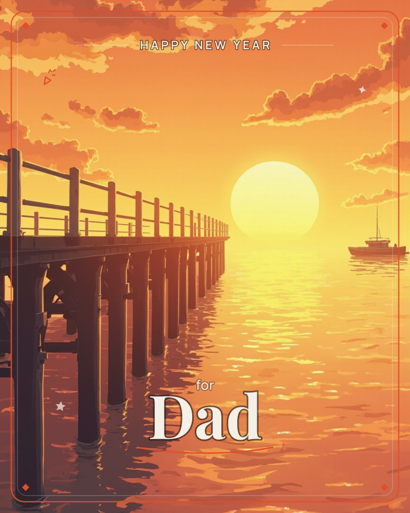 A wooden pier stretches out over calm water toward a huge glowing sun sinking to the horizon, its rails casting long silhouetted shadows across the…, a new year e-card design