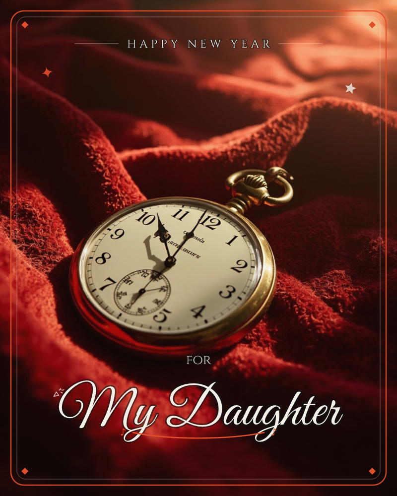 A brass pocket watch with a cream dial and roman-style arabic numerals rests face-up on folds of deep red velvet, a new year e-card design