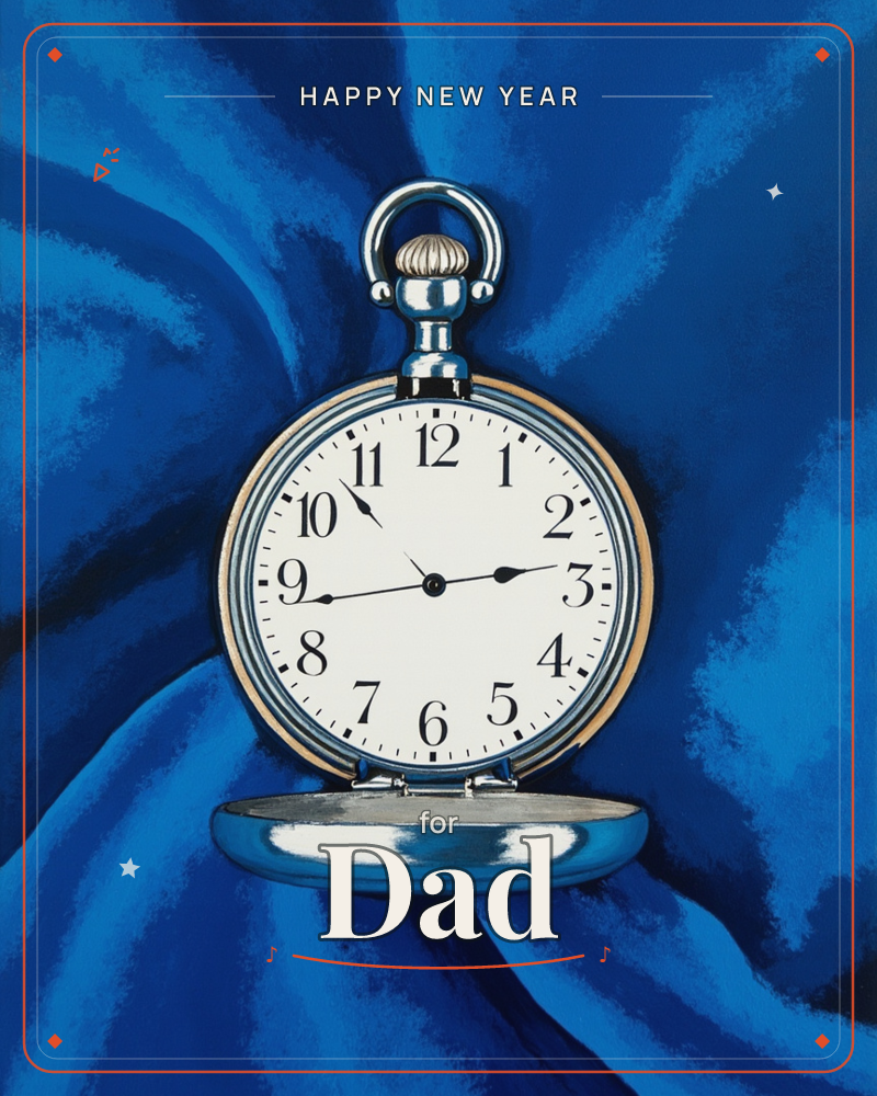 A silver pocket watch lies open against a rippling backdrop of rich royal blue fabric, its cream face and bold black numerals catching a crisp…, a new year e-card design