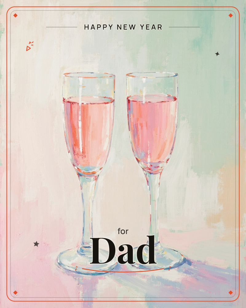 Two champagne flutes filled with pale pink sparkling wine stand side by side against a softly blended backdrop of mint, blush and cream, a new year e-card design