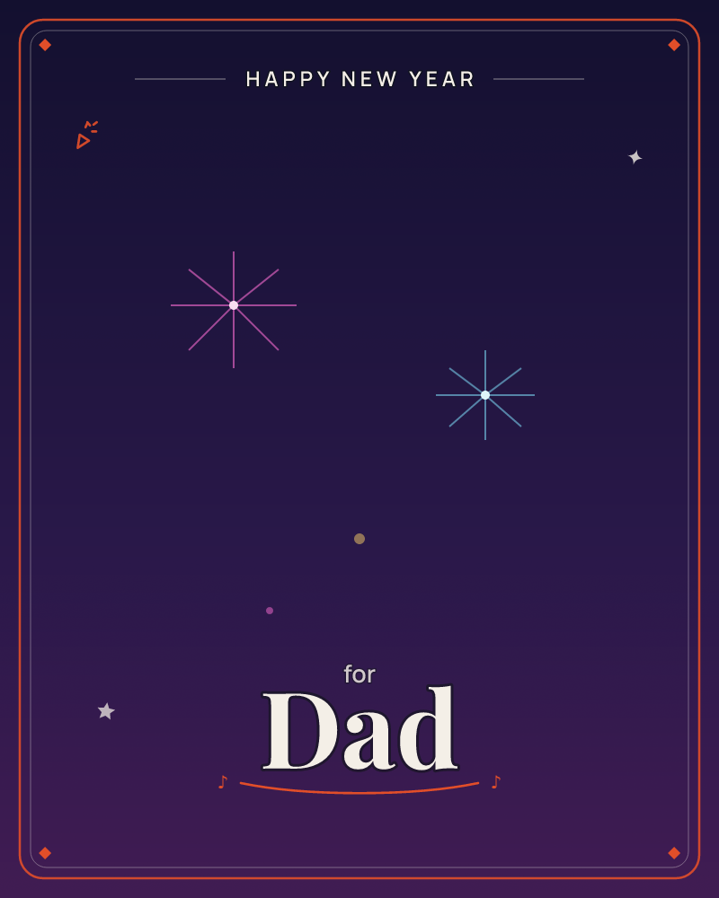A deep purple night sky glows softly at its center, holding two sparkling star bursts, one pink, one pale blue, drawn in thin crossing lines, a new year e-card design by @DittyCityTeam