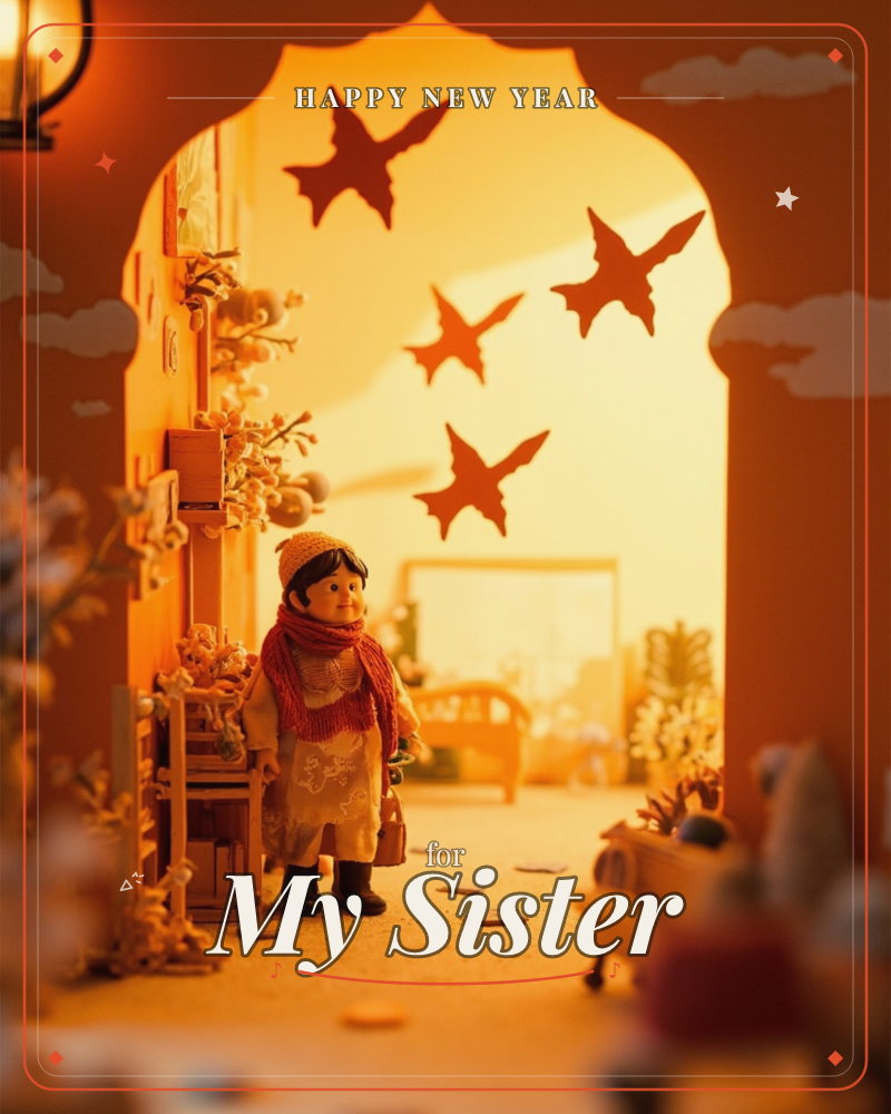 A miniature diorama glows in warm amber light, with a small figurine bundled in a scarf and cap standing beneath an arched doorway, a new year e-card design