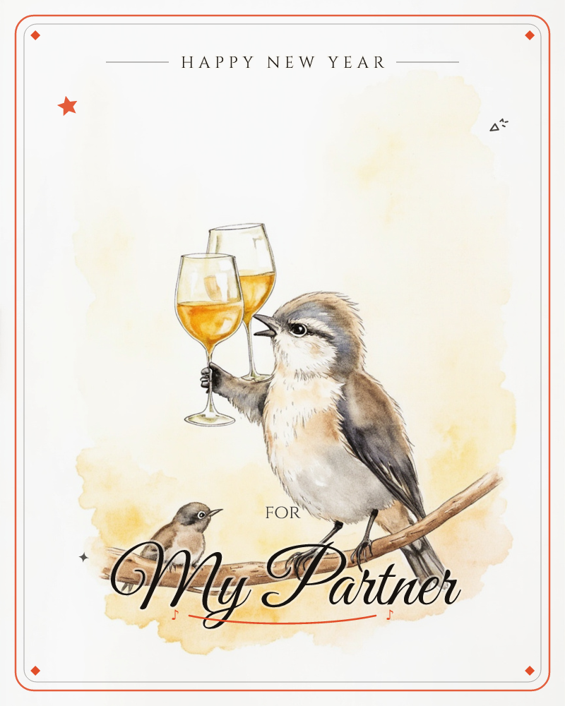 A perched bird raises two clinking glasses of golden wine in a toast, while a smaller fledgling bird looks on from further along the branch, a new year e-card design