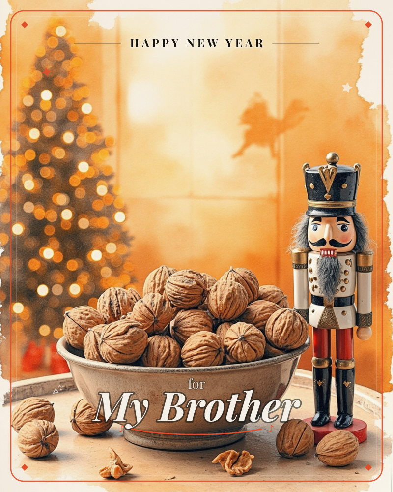 A traditional nutcracker figure in his crowned uniform stands guard beside a stone bowl piled high with whole walnuts, a few scattered loose on the…, a new year e-card design
