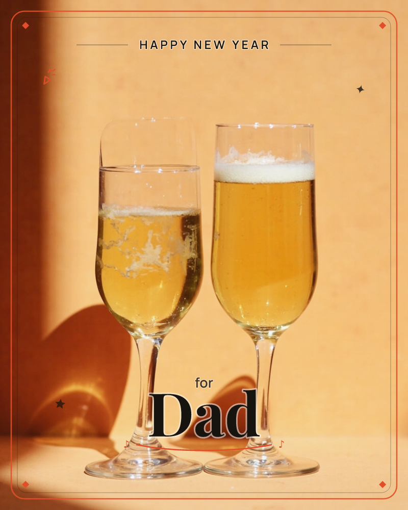 Two champagne flutes stand side by side on a plain surface, filled with pale golden bubbly and topped with a thin cap of white foam, a new year e-card design