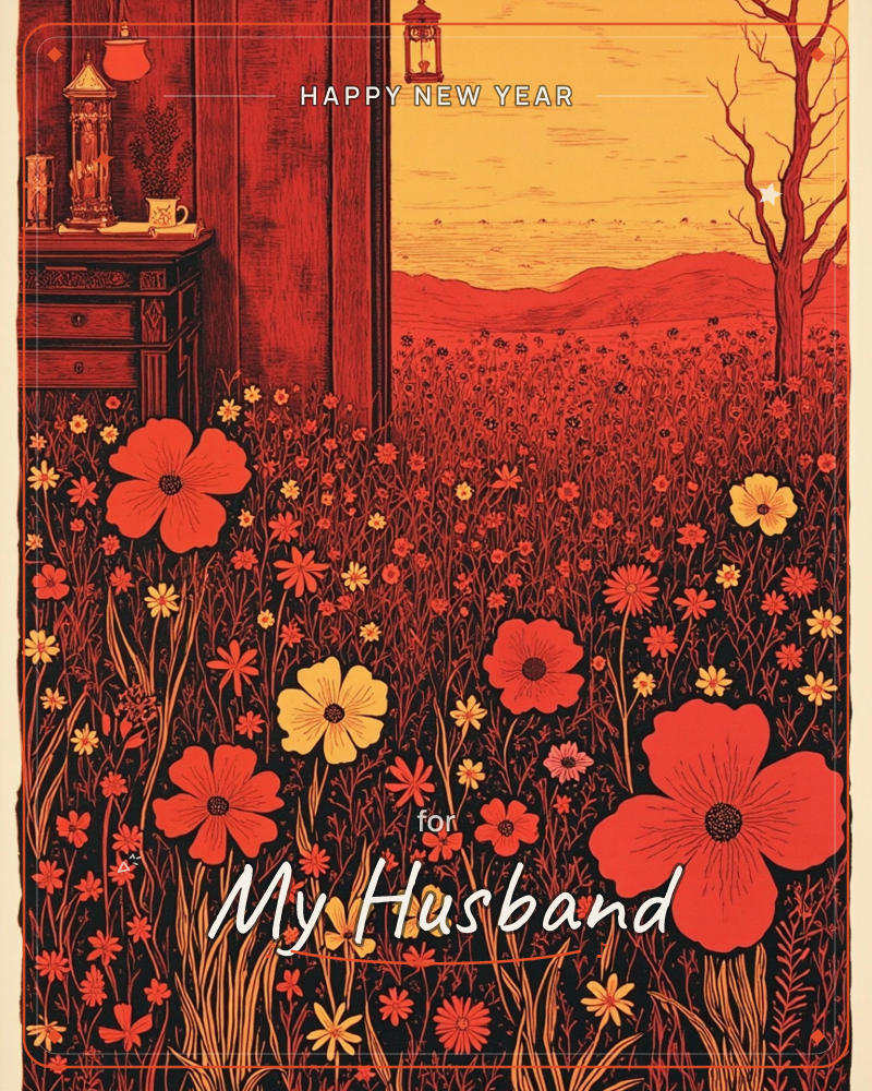 An open doorway on the left reveals a wildflower field stretching to distant hills, blurring the line between an indoor sitting room and the outdoors, a new year e-card design
