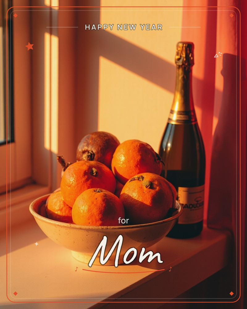 A speckled ceramic bowl piled with oranges sits on a windowsill beside a dark bottle of sparkling wine, both bathed in low golden sunlight that streaks…, a new year e-card design