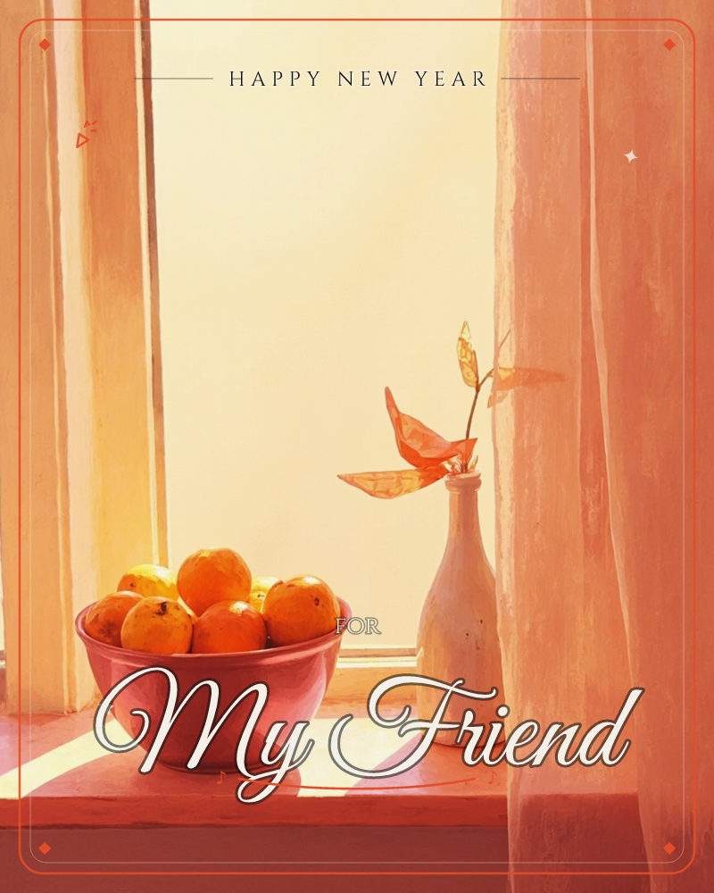 A sunlit windowsill holds a pink bowl heaped with oranges beside a small white bottle vase with a single dried, papery leaf branch, a new year e-card design