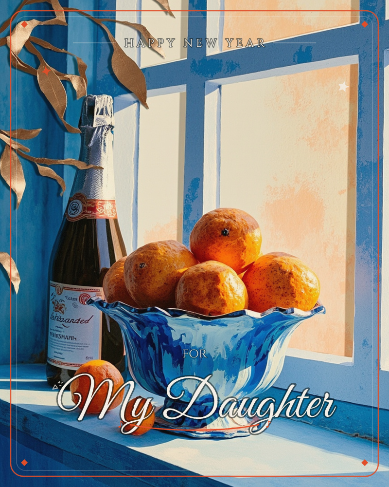 A scalloped blue ceramic bowl piled high with oranges sits on a windowsill beside a dark champagne bottle, with two loose oranges resting nearby and a…, a new year e-card design