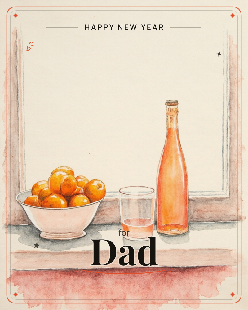 A watercolour still life of a windowsill holding a bowl of oranges, a short glass, and a wine bottle, all rendered in warm orange tones against a soft…, a new year e-card design