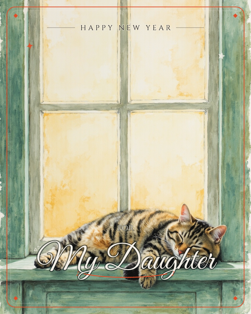 A striped tabby cat lies stretched out and fast asleep on a weathered green windowsill, framed by a paned window glowing amber with warm afternoon light, a new year e-card design