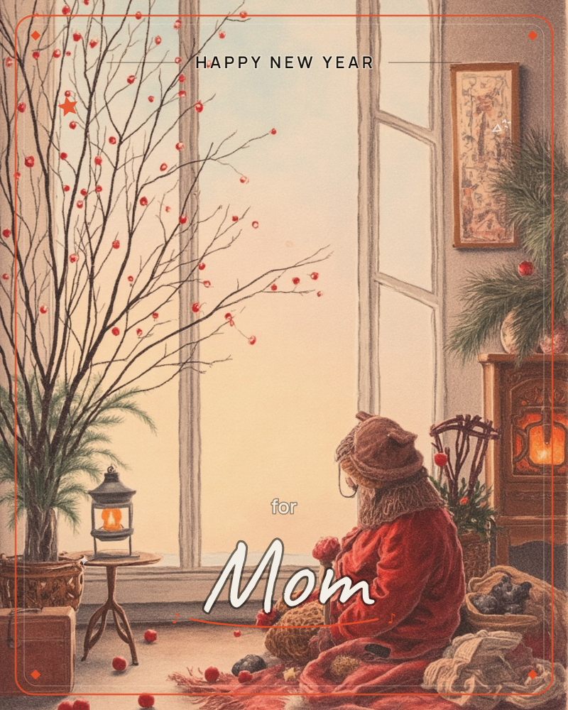 A figure in a red hooded coat and knitted cap sits quietly on the floor beside a tall window, surrounded by baskets of pine cones and chestnuts, a new year e-card design