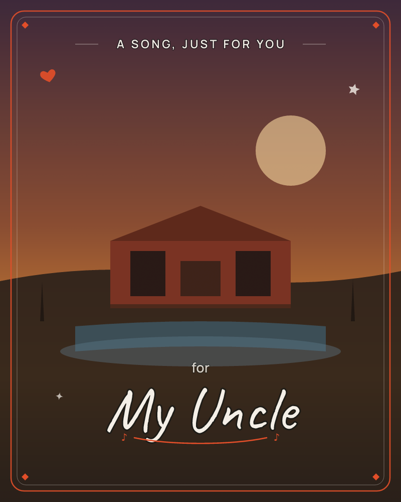 A simple flat-roofed house with a triangular roof sits alone on a dark hill under a deep orange and plum sunset sky, a pale moon or sun hanging above it, a other e-card design by @DittyCityTeam
