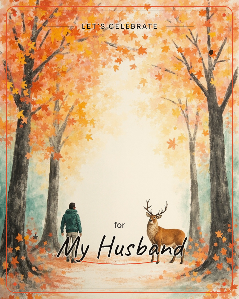 A man in a teal jacket walks alone down a misty path beneath an archway of autumn trees, their branches heavy with orange and gold leaves drifting to…, a party e-card design