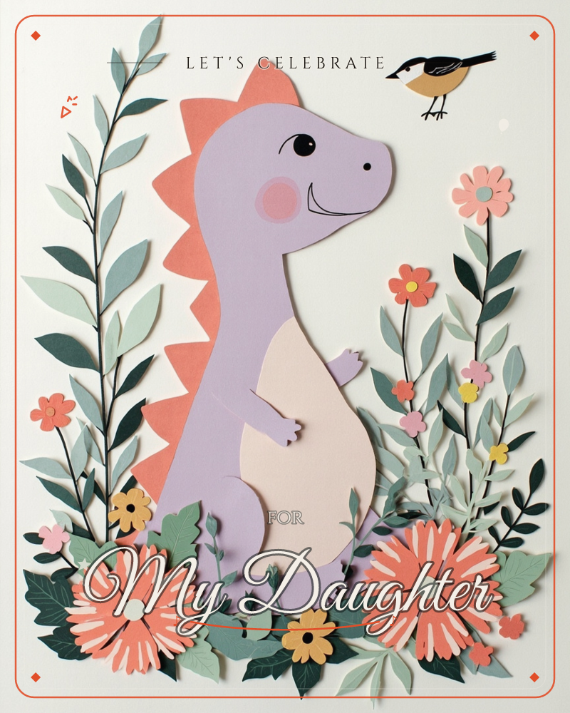 A cheerful purple dinosaur with a coral-spiked back sits smiling among a garden of paper-cut flowers and leafy stems, a small bird perched nearby watching, a party e-card design