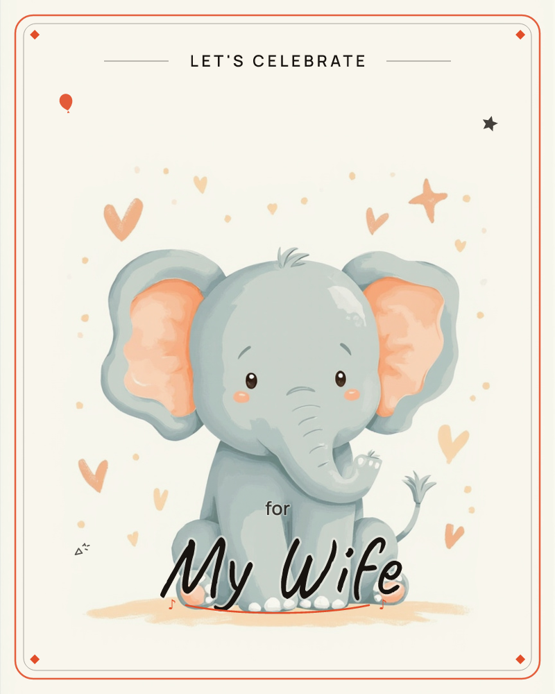 A cartoon baby elephant sits front and centre against a soft cream background, its oversized ears tinted peach and its cheeks rosy pink, a party e-card design